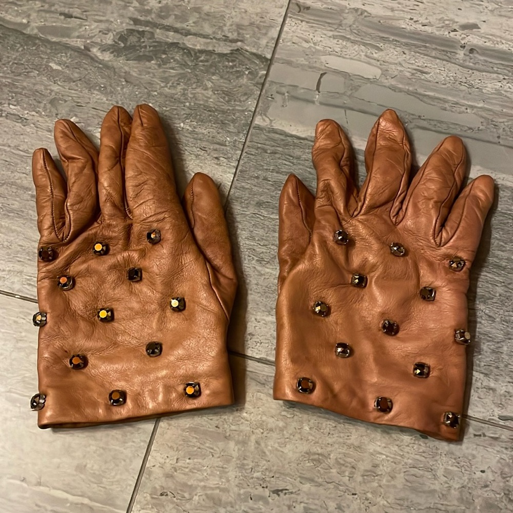 Portolano for J.Crew Brown Leather Gloves with Studded Accents